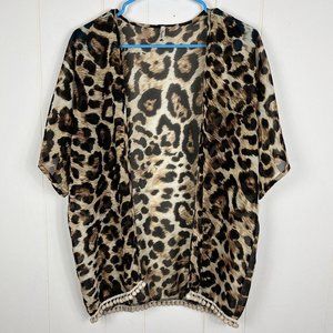 Pomelo Women Sheer Open Cardigan Large Animal Print Short Sleeve PomPom Light